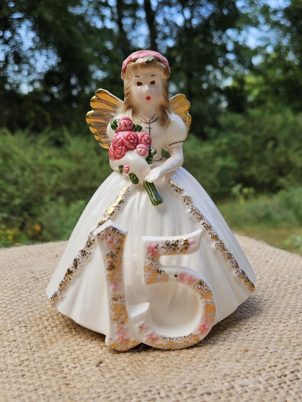 15th Birthday Angel Figurine with Pink Roses Vintage Josef Originals